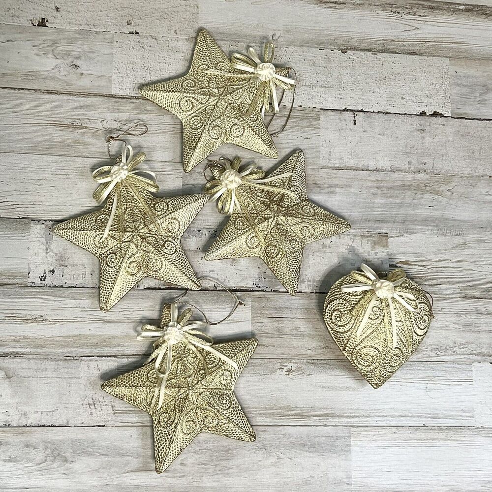 Victorian Theme Cream & Gold Christmas Ornaments Lot Of 5 Textured Shimmering